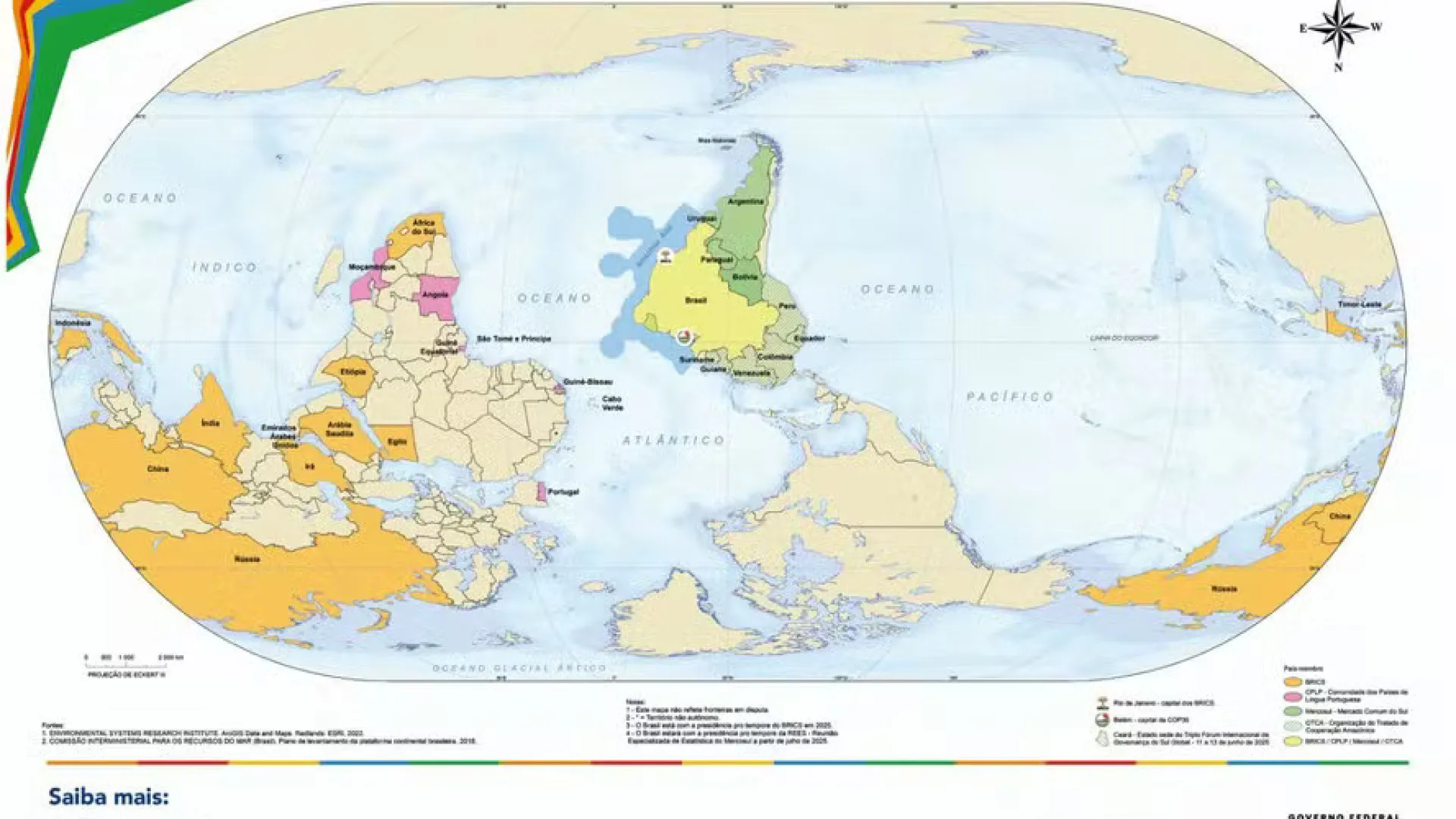 IBGE lança mapa-múndi invertido, com o Sul no alto e o Brasil no centro - img